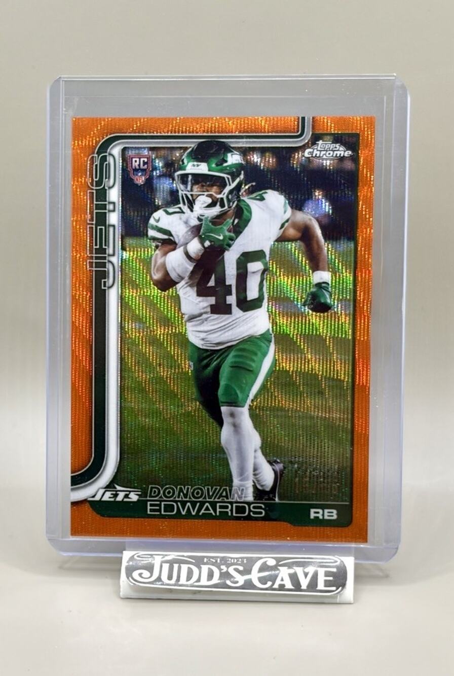 🚨 2025 Topps Chrome Donovan Edwards True Orange Wave Refractor #392 Jets /25 🏈